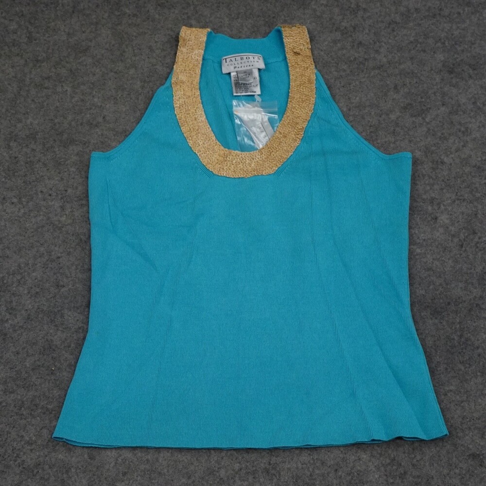 Talbots Top Womens Petite Medium PM Blue Solid Pullover Sleeveless Tank Shirt